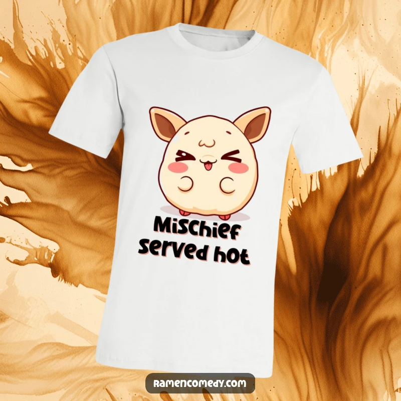 Funny gleeful gyoza t-shirt, a cheeky dumpling character giving a mischievous wink, embodying playful delight.