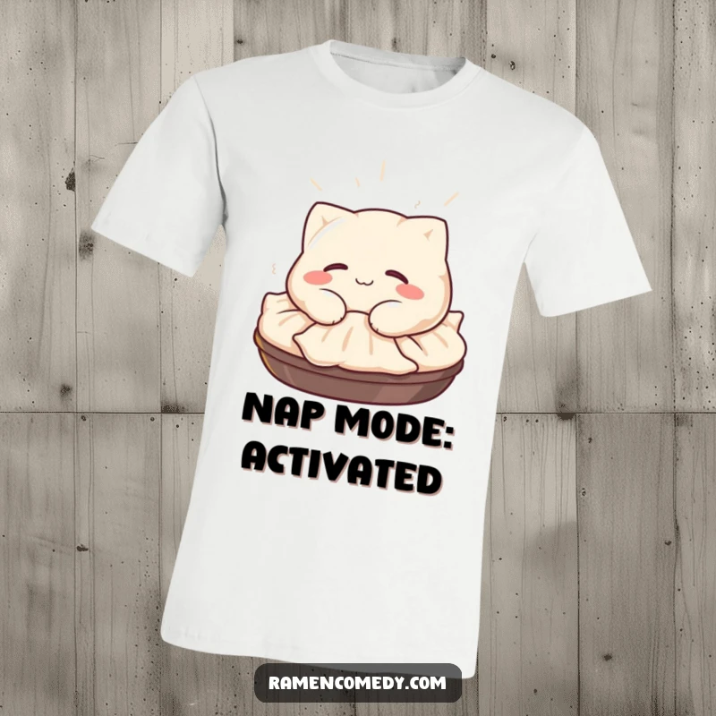 Funny Gyoza T-Shirt: A happy gyoza character with a satisfied smile naps on a steaming pile, perfect for relaxation.