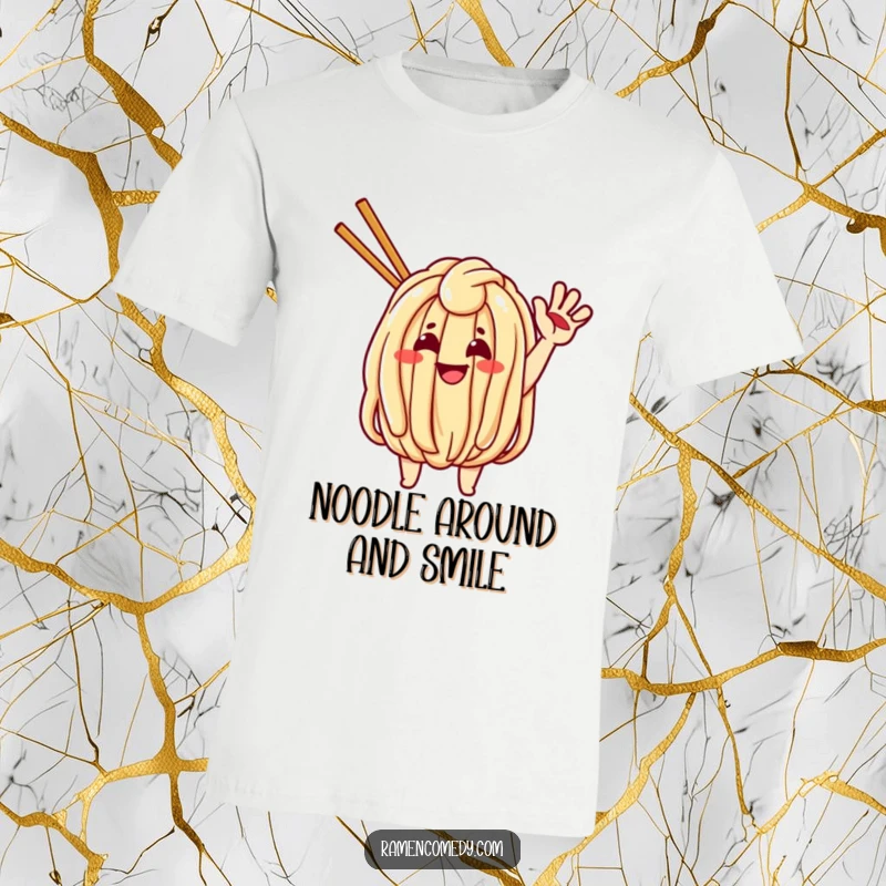 Funny t-shirt featuring a cheerful udon noodle character waving energetically, celebrating delicious noodle dishes.