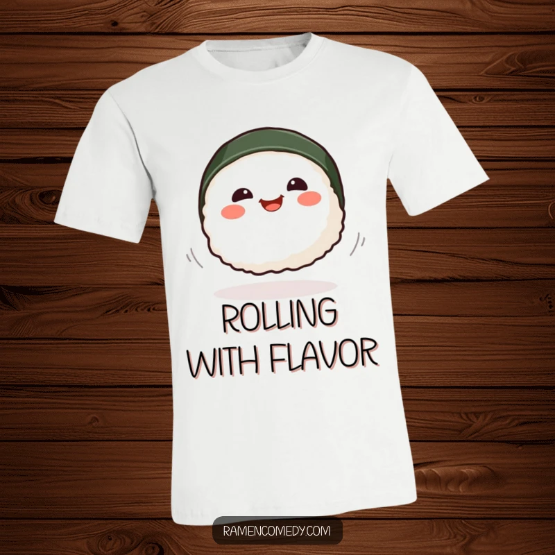 Funny smiling sushi piece in a dynamic, playful spin, cute cartoon food t-shirt.