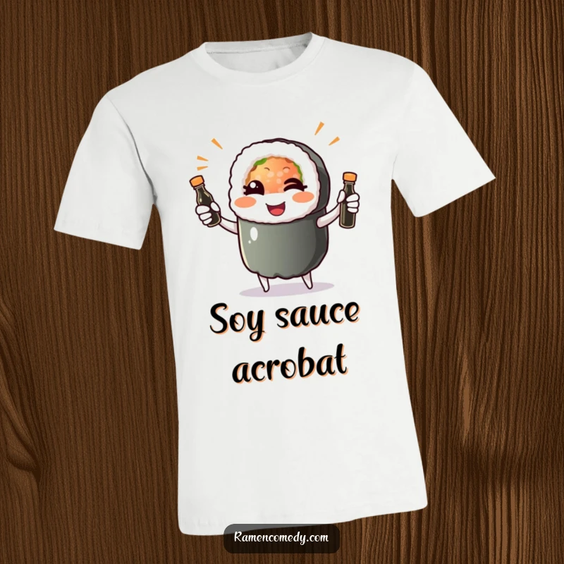 Funny sushi roll character winking and juggling soy sauce bottles on a comfy t-shirt, perfect for sushi enthusiasts.