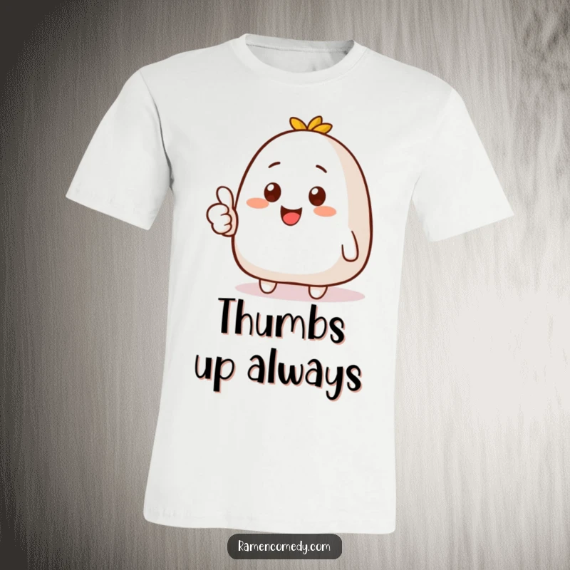 Funny t-shirt graphic of a cheerful onigiri character with a wide smile, giving a prominent thumbs up, conveying positivity and fun.