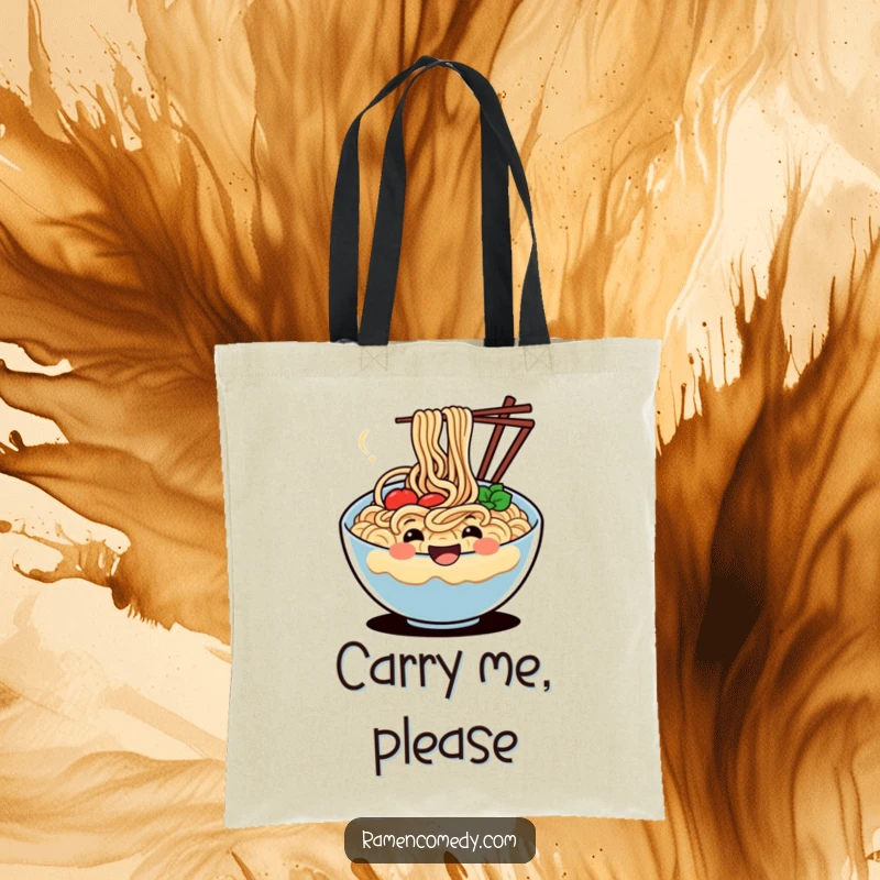 Funny tote bag featuring a happy, wiggling bowl of noodles, perfect for carrying essentials with a smile.