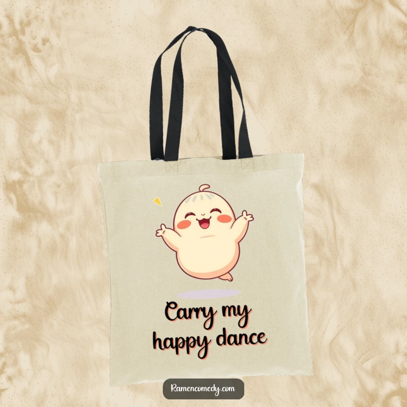 Funny Tote Bag featuring a jubilant dumpling character doing a lively dance, ideal for shopping with a touch of quirky food humor.