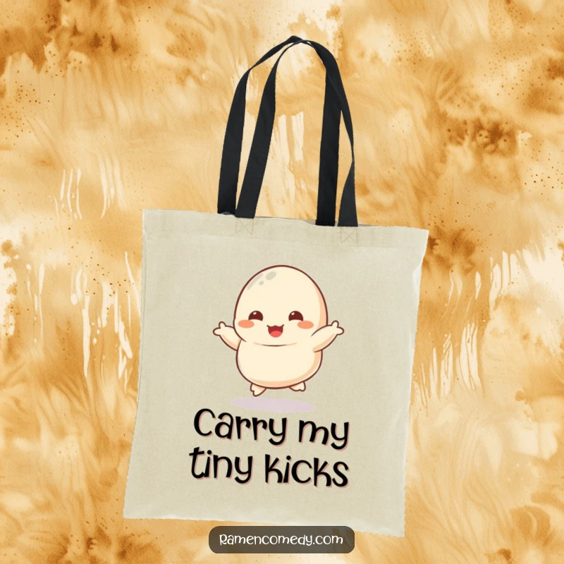 Funny tote bag with a dancing dumpling character, its tiny feet kicking joyfully, perfect for everyday errands.