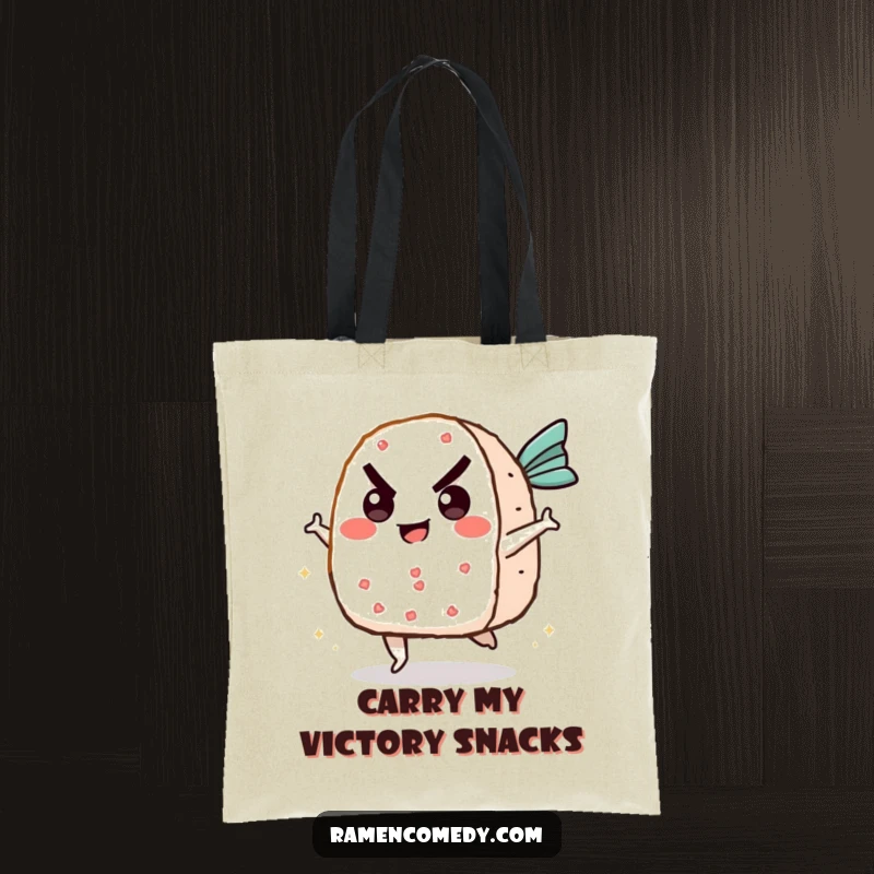 Funny onigiri tote bag with a determined rice ball character mid-kick against a surprised flying fish cake, ideal for groceries or books.