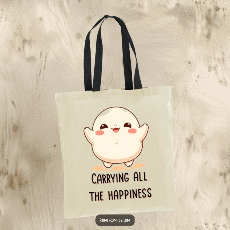 Funny Tote Bag displaying a beaming, round dumpling character captured in a lively bounce, perfect for carrying groceries with a smile.