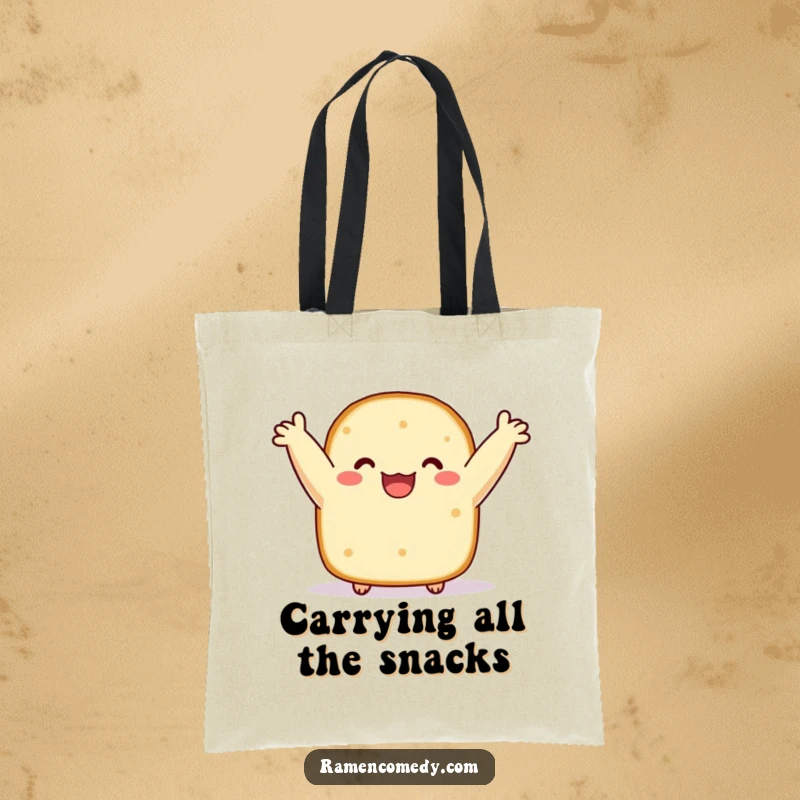 Funny tote bag featuring a happy sushi nori slice wearing a smile and raising arms. Perfect for groceries and giggles.
