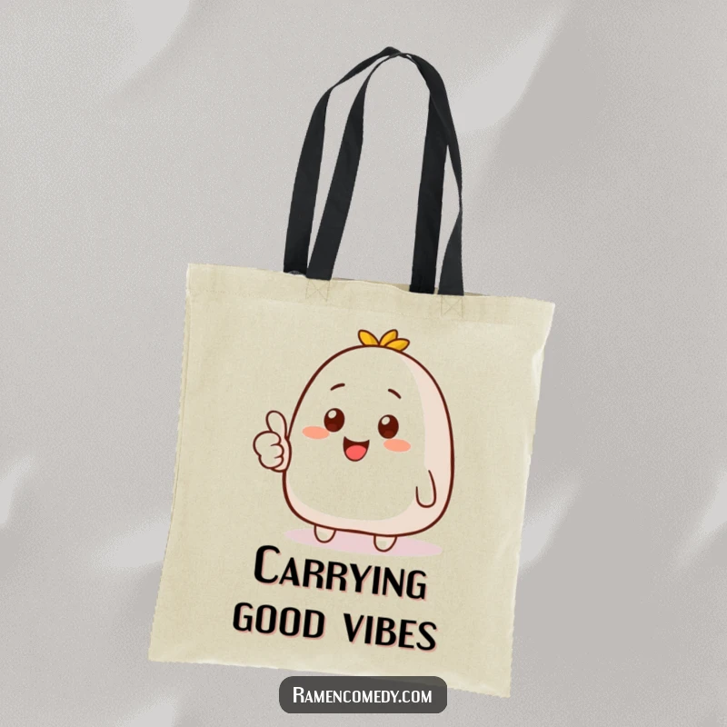 Funny tote bag illustration of a smiling onigiri character giving a thumbs up, perfect for carrying daily items with cheer.