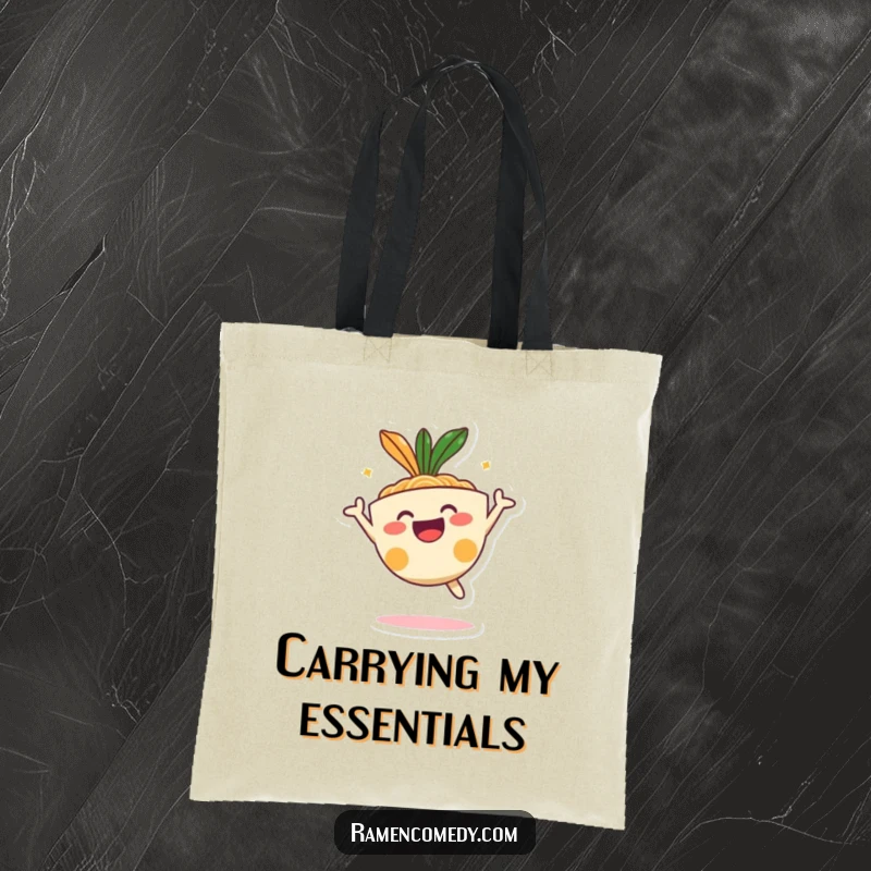Funny happy ramen bowl character in a dynamic, joyful jump, reusable food tote bag.
