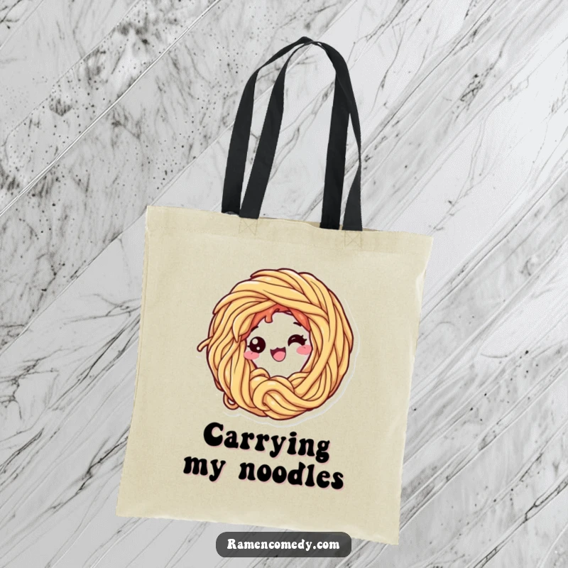 Funny tote bag illustration of a happy ramen noodle character looping itself, perfect for carrying groceries or daily items with cheer.