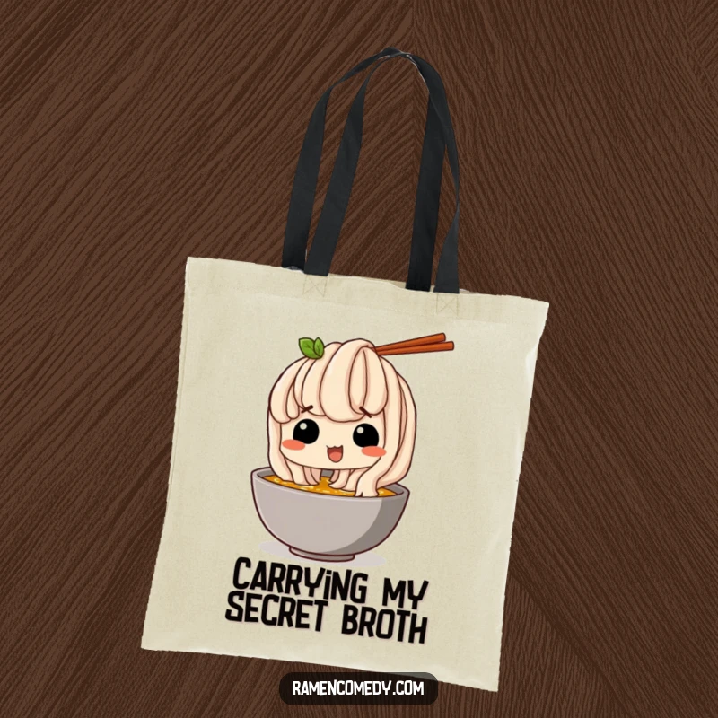 Funny Tote Bag: A happy udon noodle comically sneaks a sip of broth, perfect for carrying daily items with a smile.