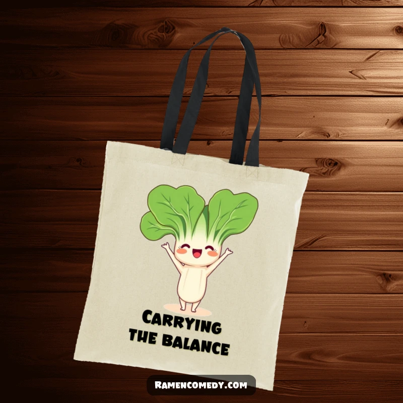 Funny Bok Choy Yoga Tote Bag featuring a friendly bok choy character playfully doing a headstand, great for everyday use.