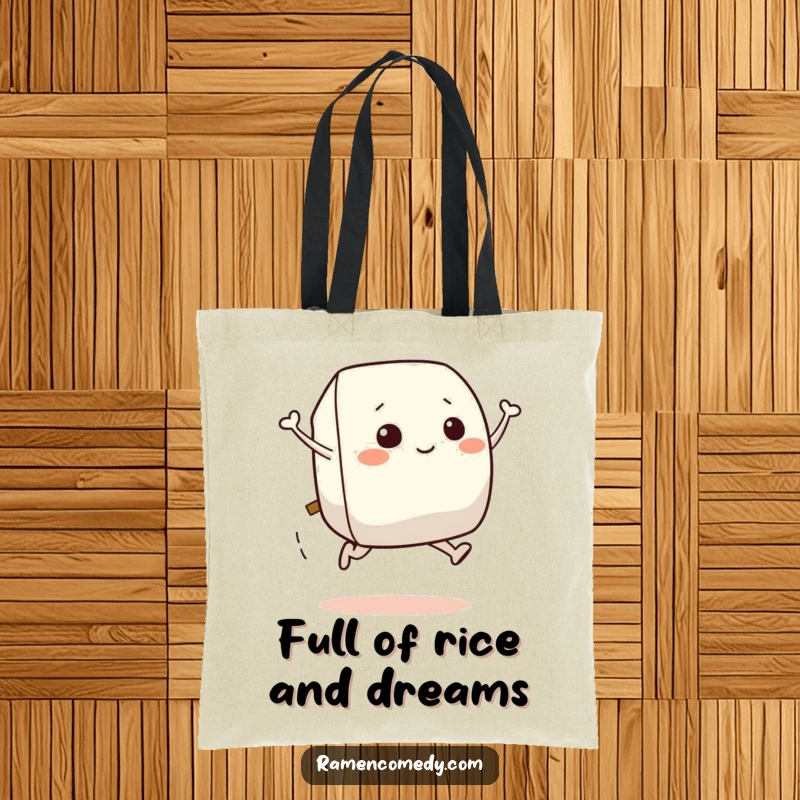 Funny tote bag with a smiling onigiri character mid-leap, a playful accessory for food lovers.