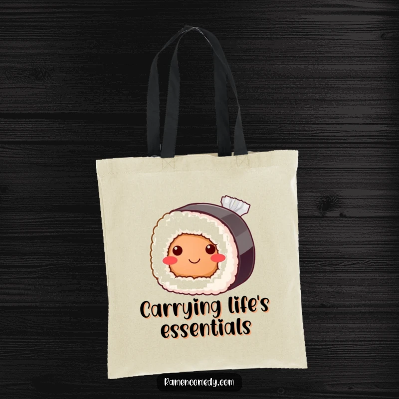 Funny sushi roll tote bag, bashful smile peeking from soy sauce, cute Japanese food grocery bag.