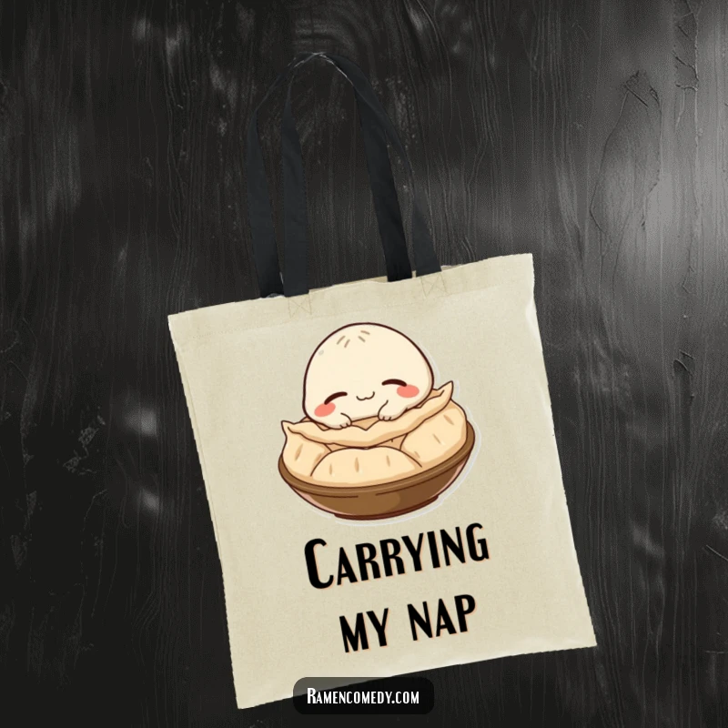 Funny gyoza character smiling and napping on a steaming pile, printed on a durable and stylish tote bag.