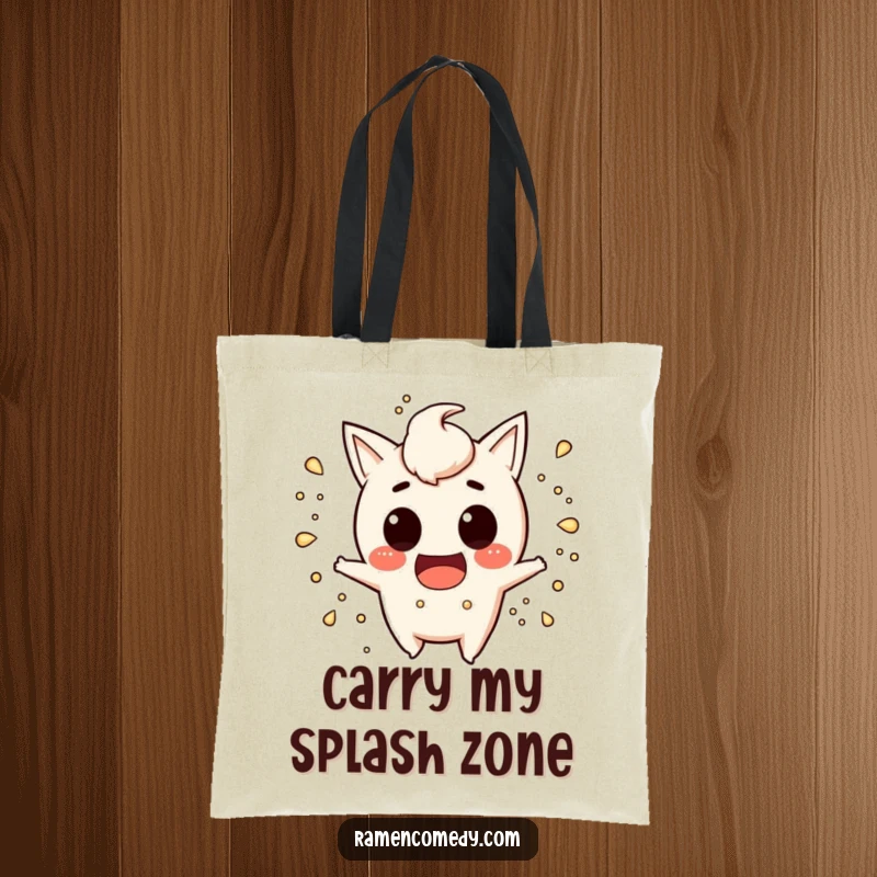 Funny miso soup tote bag showcasing a mischievous character making a playful splash, perfect for everyday humor.