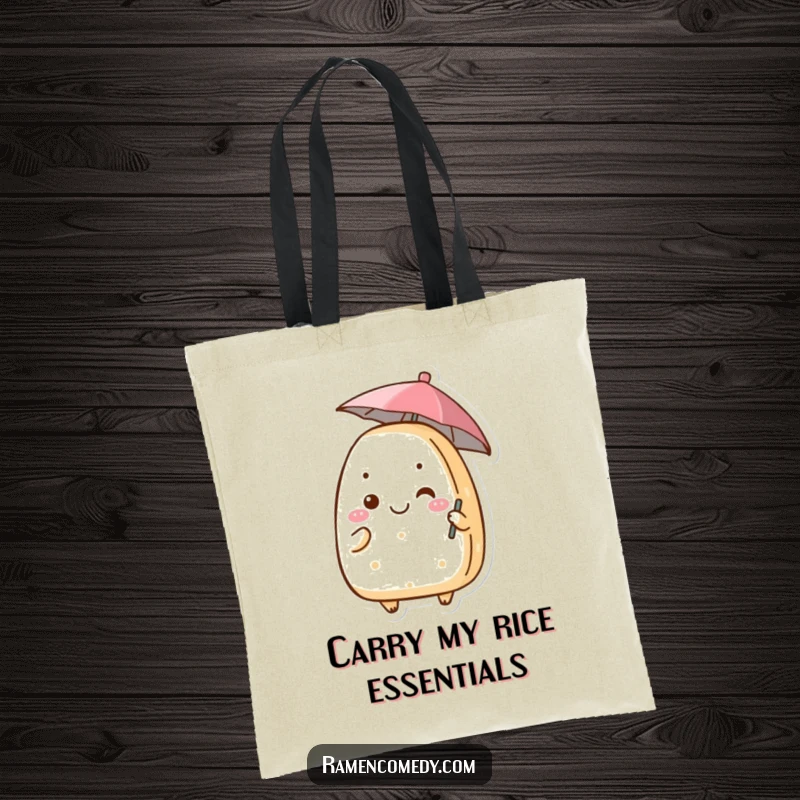 Funny onigiri tote bag featuring a cheerful rice ball character holding a tiny umbrella, great for shopping or daily use.