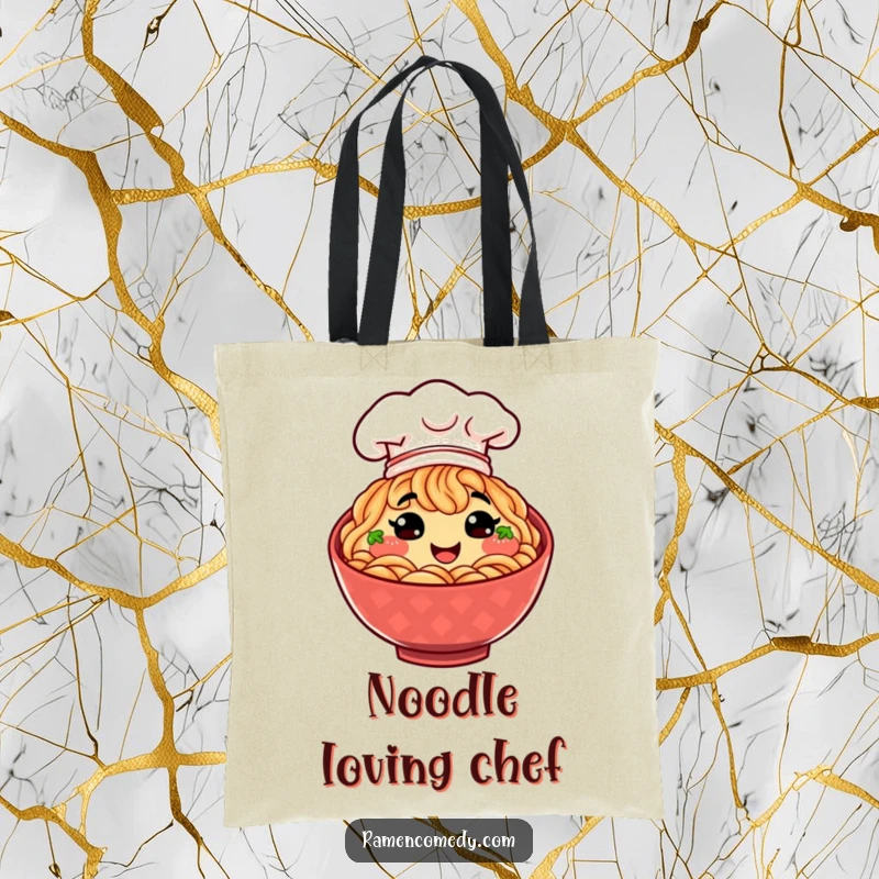 Funny smiling bowl of ramen wearing a tiny chef hat, perfect for a cute and functional tote bag.