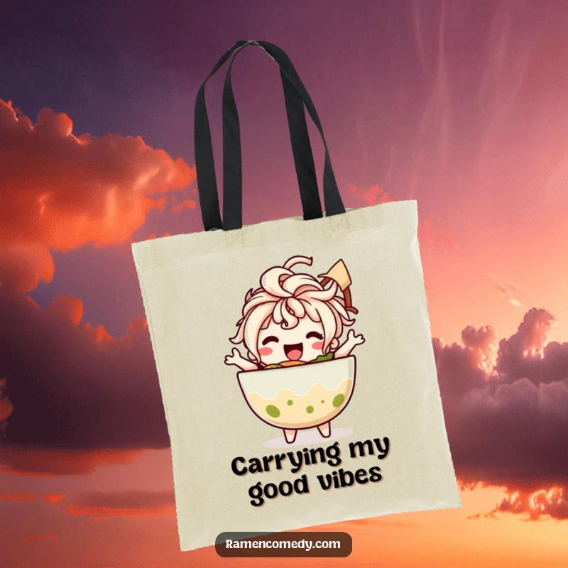 Funny tote bag depicting a happy ramen bowl character with noodle hair in a joyful, funny dance pose. Great for groceries.