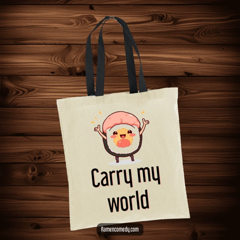 Funny tote bag featuring a smiling sushi roll character in the middle of a jubilant celebratory dance.