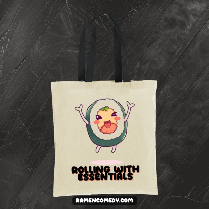 Funny tote bag depicting a cheerful sushi roll character leaping in the air with glee. Great for groceries and fun.