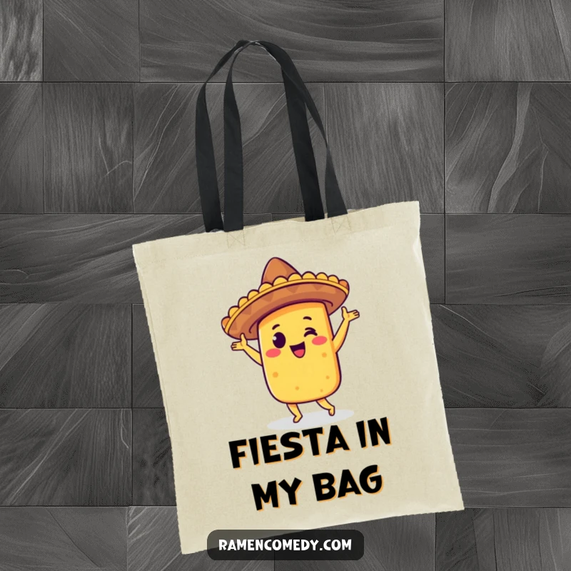 Funny taco jig tote bag featuring a smiling taco in a sombrero, performing a joyful dance, ready for any fiesta.