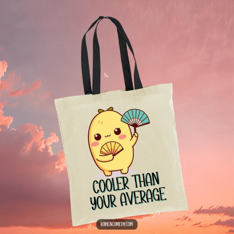 Funny tamagoyaki character holding a tiny fan on a tote bag, perfect for charming everyday use.