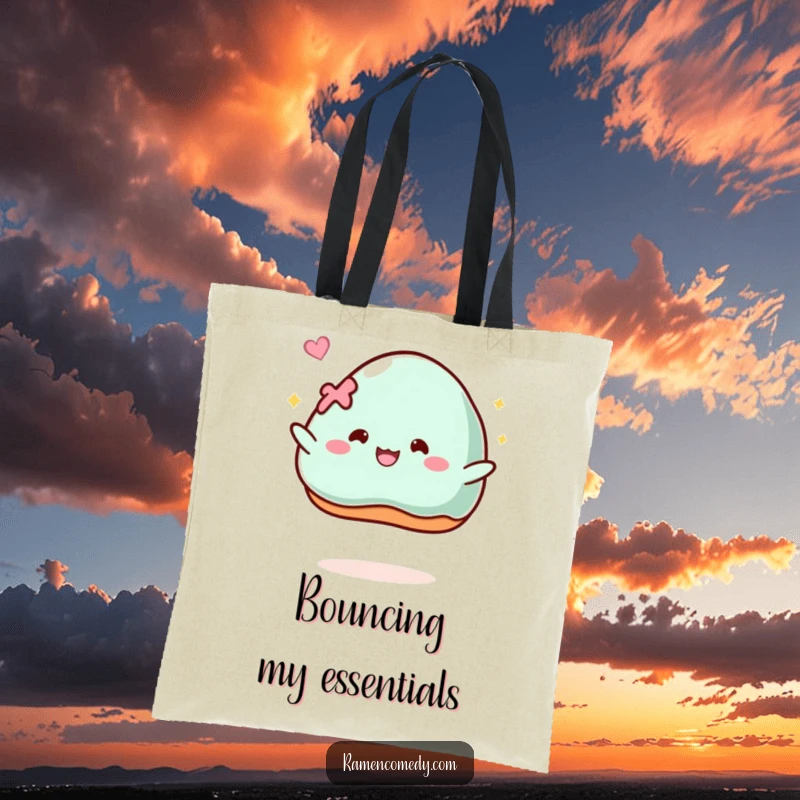 Funny Tote Bag: A piece of mochi comically bounces with glee, perfect for carrying daily items with a smile.