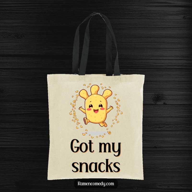 Funny tempura tote bag with a cheerful tempura character leaping through sesame seeds, perfect for stylish, humorous carrying.