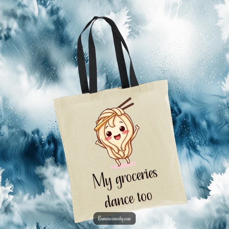 Funny Udon Noodle Tote Bag: A happy udon noodle character dances with chopsticks, perfect for carrying groceries with flair.