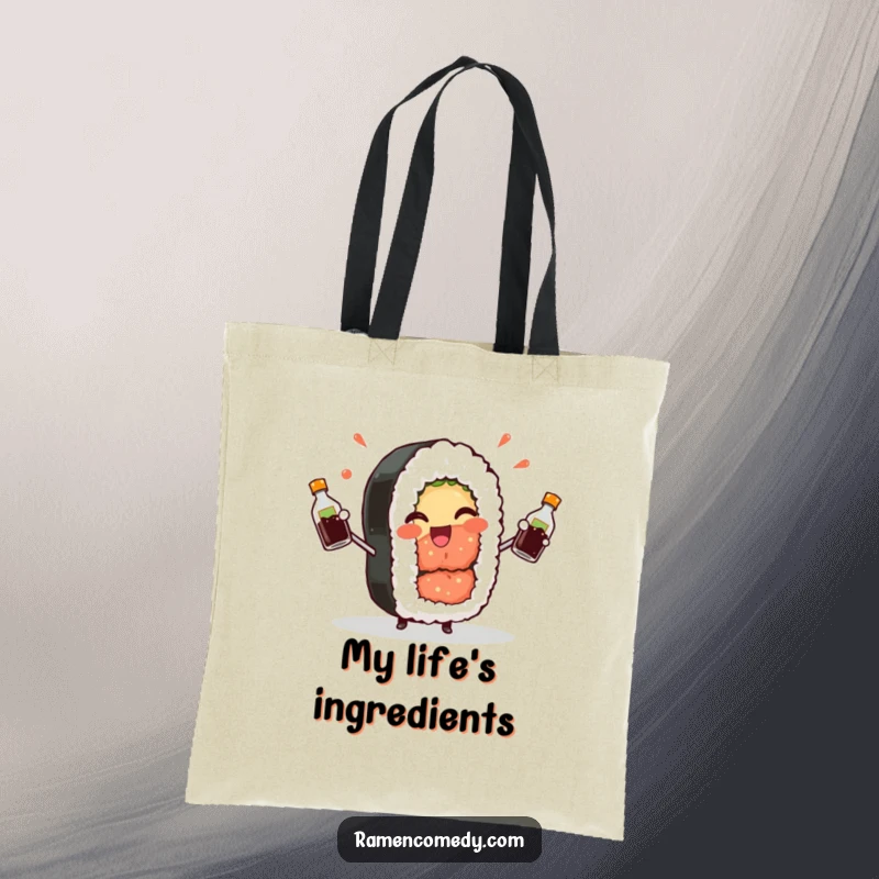 Funny Sushi Roll Tote Bag: A cheerful sushi roll winks playfully while juggling soy sauce, perfect for carrying essentials.