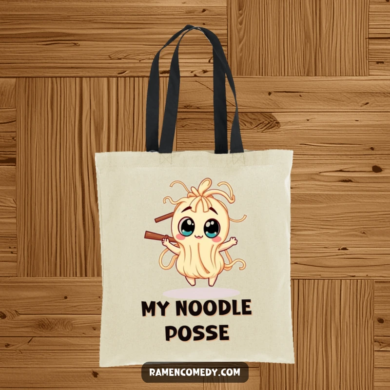 Funny Tote Bag showcasing a wiggly noodle creature with big eyes dancing around a chopstick, perfect for carrying items with a smile.