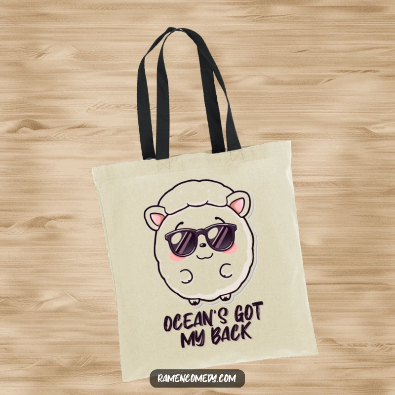 Funny Nori Sheet Tote Bag showing a smiling seaweed sheet wearing cool tiny sunglasses, ready for adventures.