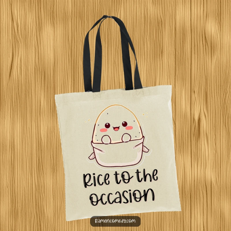 Funny Tote Bag featuring a cheerful onigiri rice ball character playfully popping out of its wrapper, designed for stylish, humorous carrying.