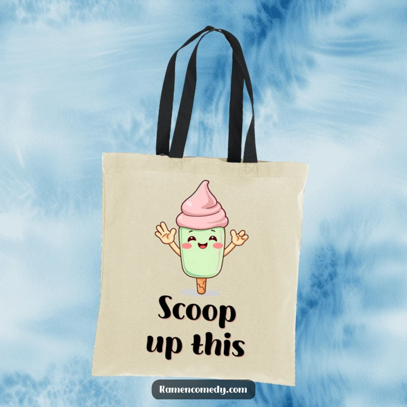 Funny matcha ice cream tote bag featuring a smiling character giving a high-five, great for shopping.