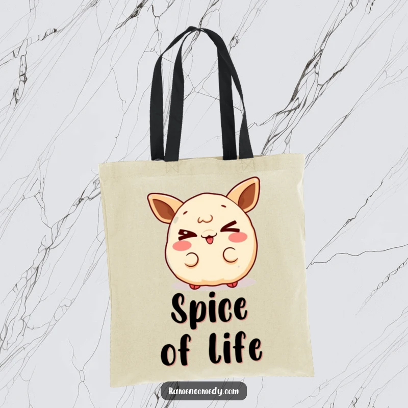 Funny gleeful gyoza tote bag, a cute dumpling character winking, perfect for carrying items with a playful touch.
