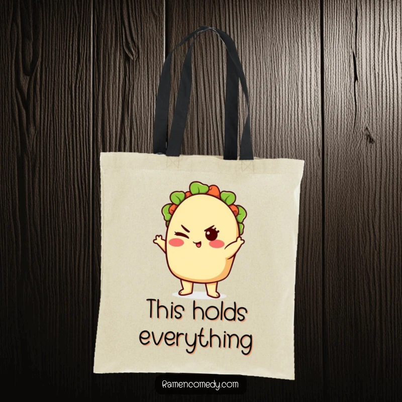 Funny cute taco character posing confidently and winking, reusable Mexican food tote bag.